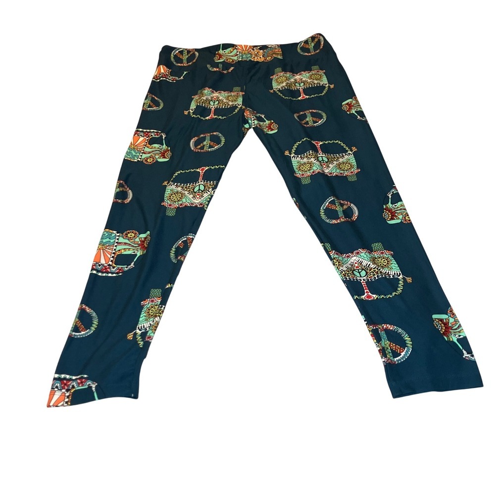 LuLaRoe Leggings Womens XL Teal Hippie Bus Peace Sign PsychedelicRetro Groovy